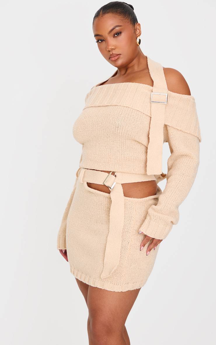 Crème Mini-jupe Grande Taille En Maille Avec Découpes Et Détail Boucle