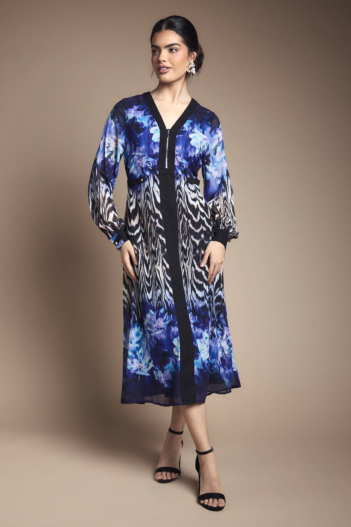 Wallis Robe Midi en Mousseline à Bordure Florale avec Fermeture Éclair Devant