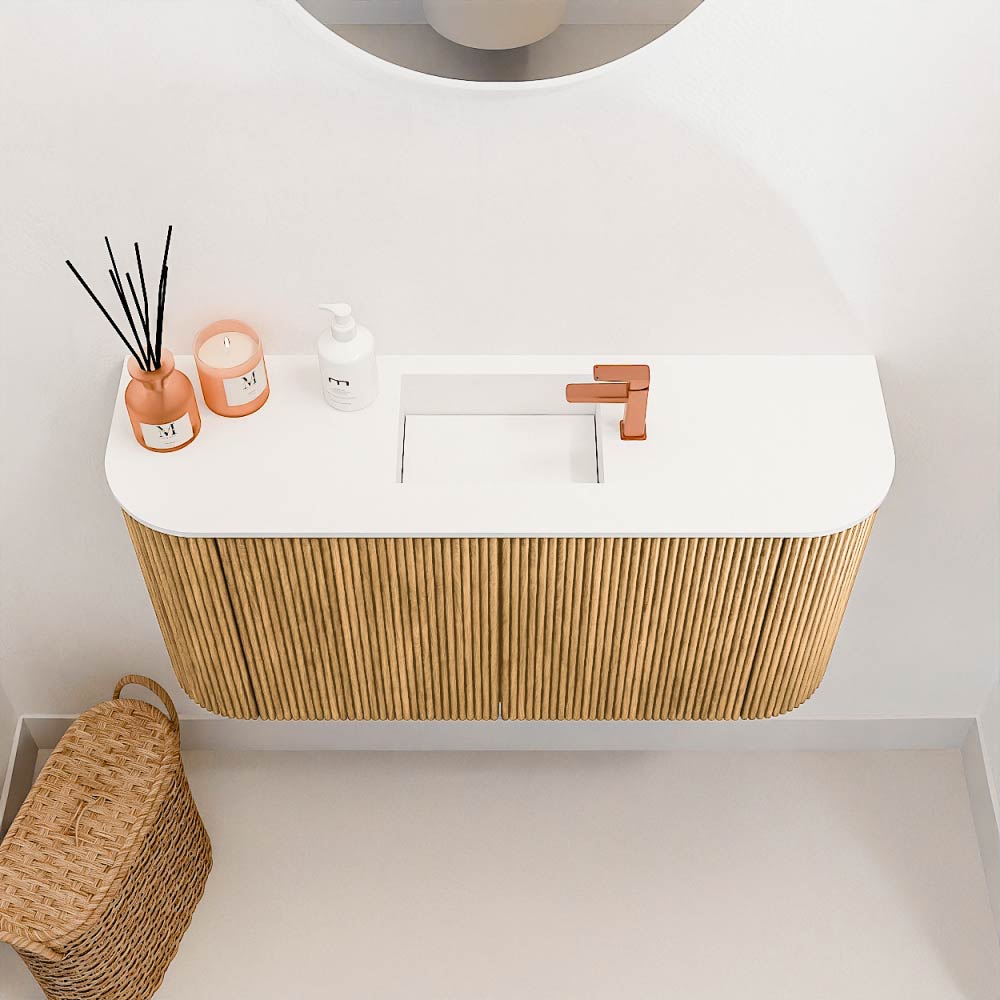 Mondiaz Joya 85cm toiletmeubel ronding links/rechts oak met wastafel faye midden 1 kraangat talc