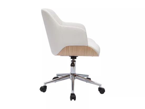 Chaise de bureau à roulettes design blanc, bois clair et acier chromé SANDRO