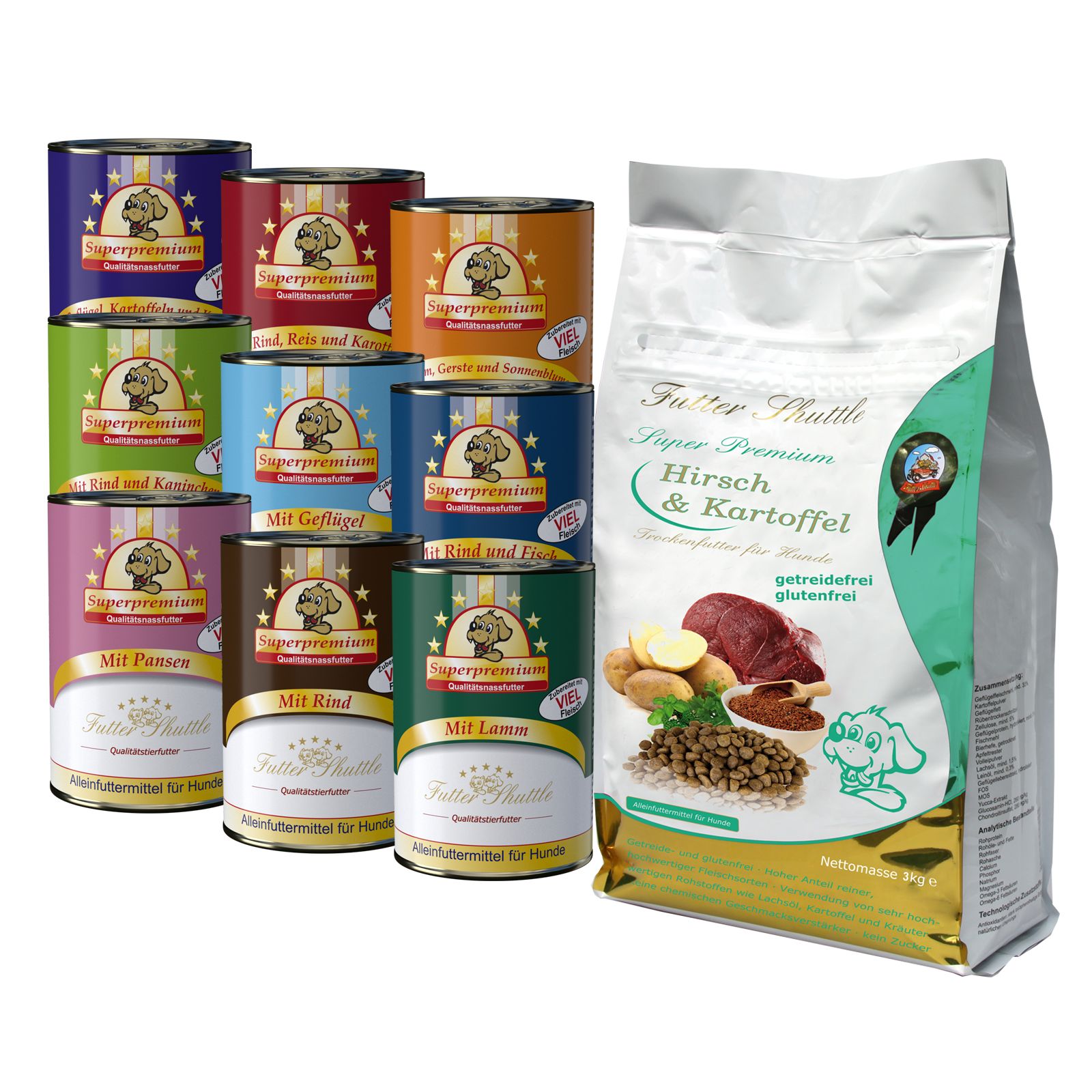 Sparpaket Hundefutter  Getreidefreies Hunde Trockenfutter und Hunde Nassfutter