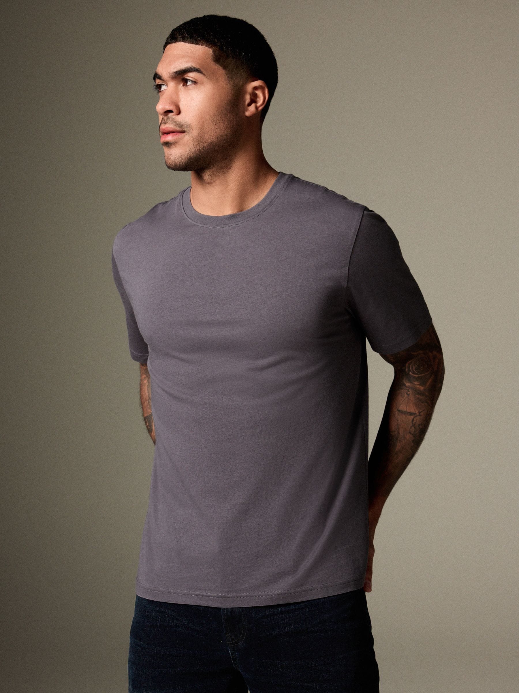 Leisteengrijs - Slim Fit - Essentieel katoenen T-shirt met ronde hals