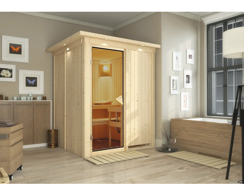 Plug & Play Sauna Karibu Achat I zonder kachel, met dakkroon en gebronsde volledig glazen deur