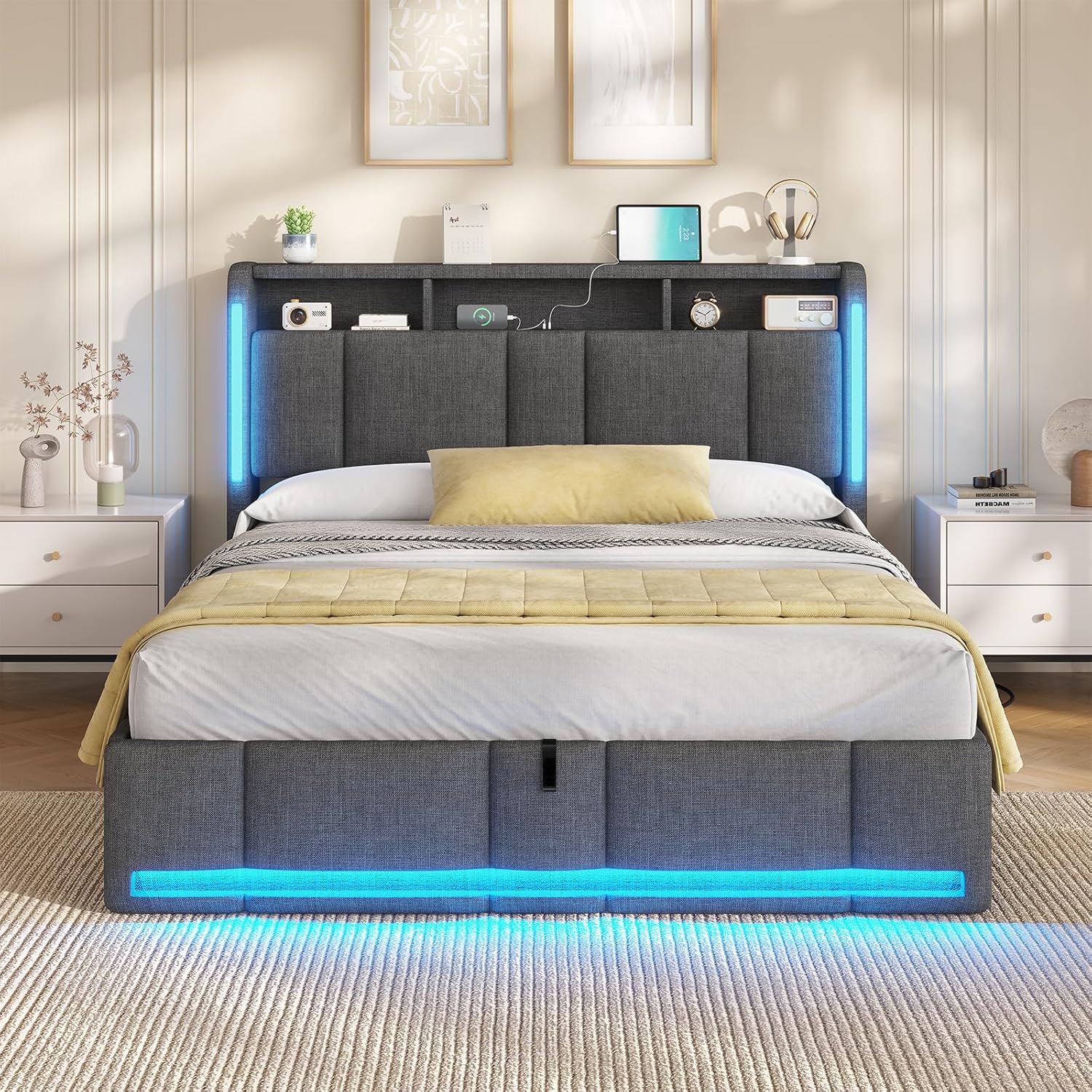AOGLLATI Polsterbett Doppelbett 140x200 mit bettkasten, Hydraulischem Stauraumbett mit LED Beleuchtung & Steckdosen, Bett 140x200 cm mit Stauraum Kopfteil, Lattenrost, Linen,Dunkelgrau (Ohne Matratze)