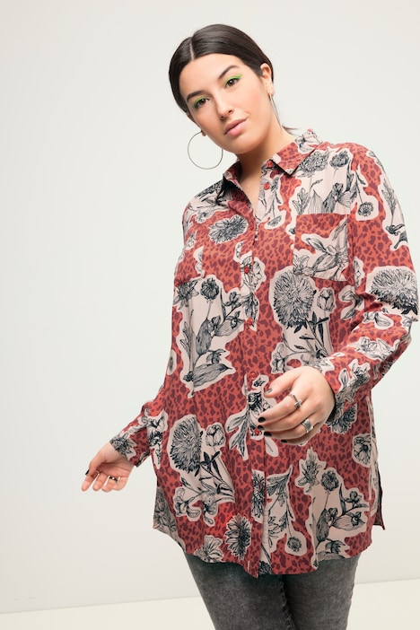 Hemdbluse, Boxy Shape, Flower-Print, Hemdkragen, Langarm