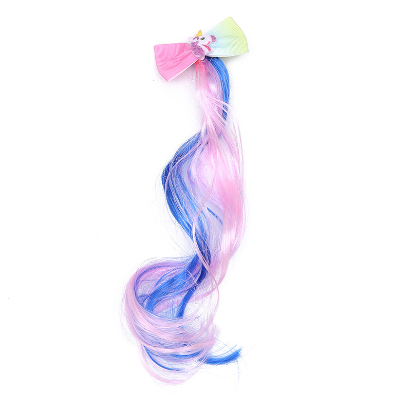 (3er Set) Kunsthaar Kinder Clip Extensions Haar Schmuck Bunte Strähnen Haarspangen - Einhorn / Schleife