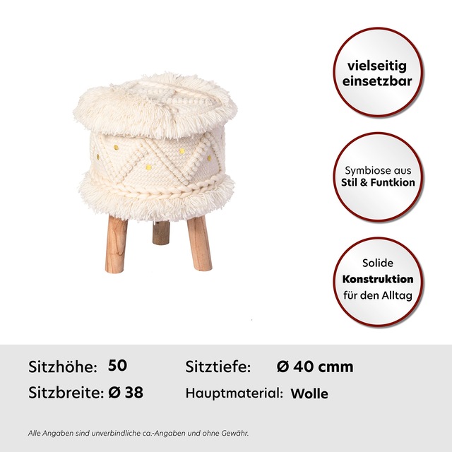 Kayoom Sitzhocker »Hocker Bohist 525, charaktergebende Strukturen mit Fransen und Quasten« 1 Stk. tlg. handgefertigtes Unikat, Boho-Style, gut kombinierbar
