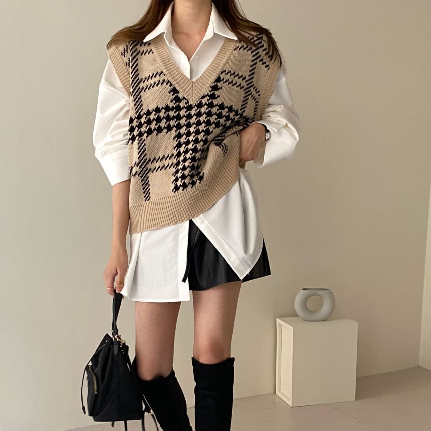 minaga - Pied-de-poule trui / lange mouwen effen shirt
