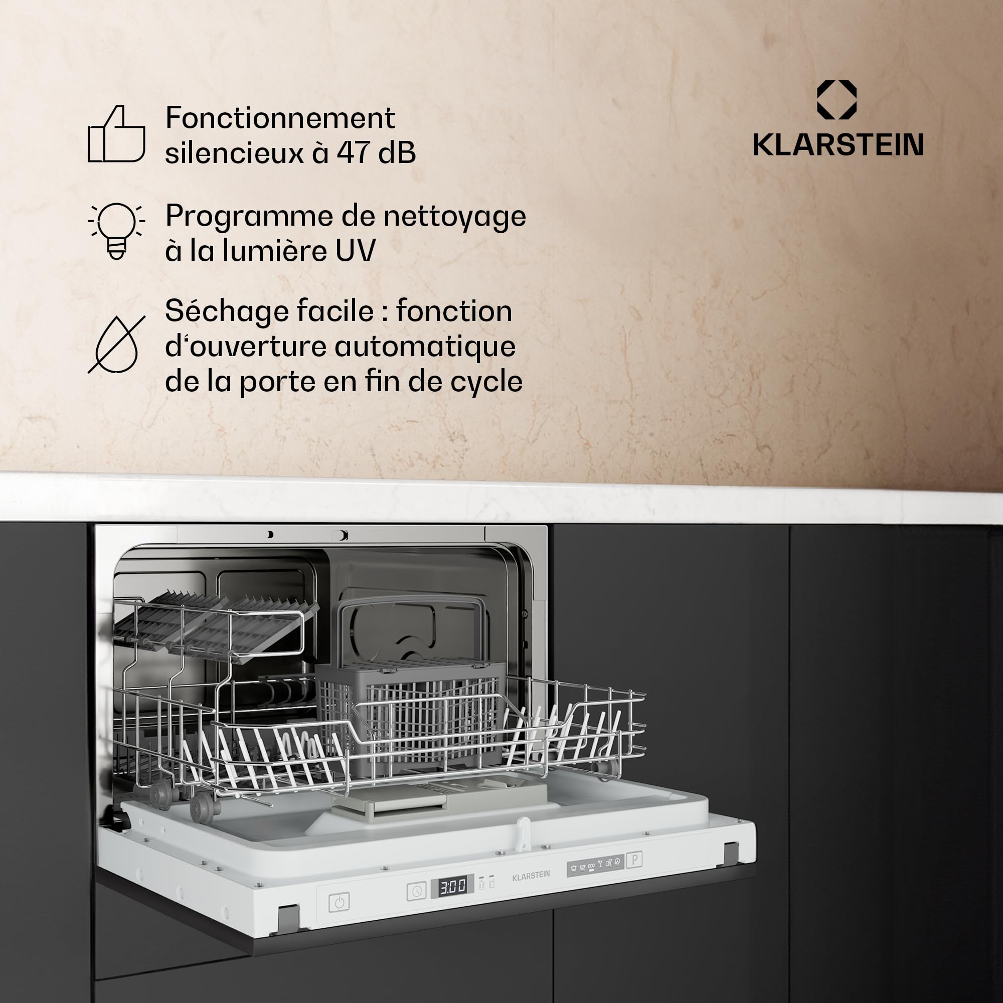 Klarstein Lave Vaisselle Encastrable - Compact 45 cm, 6 Couverts, Programme UV Hygiène, AquaStop Sécurité, Classe Énergie D, Silencieux 47 dB, Command