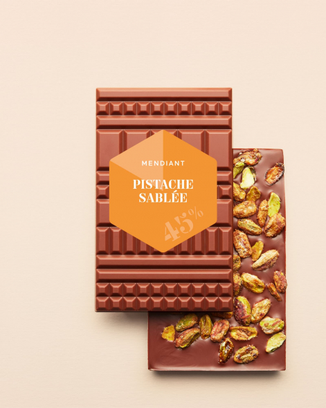 Tablette Mendiant Pistaches sablées Chocolat au Lait 45% | Le Chocolat Alain Ducasse 100g