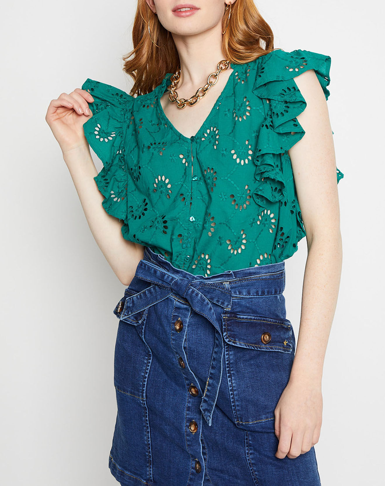 La Petite Etoile Top ajouré Cordelia boutonné vert