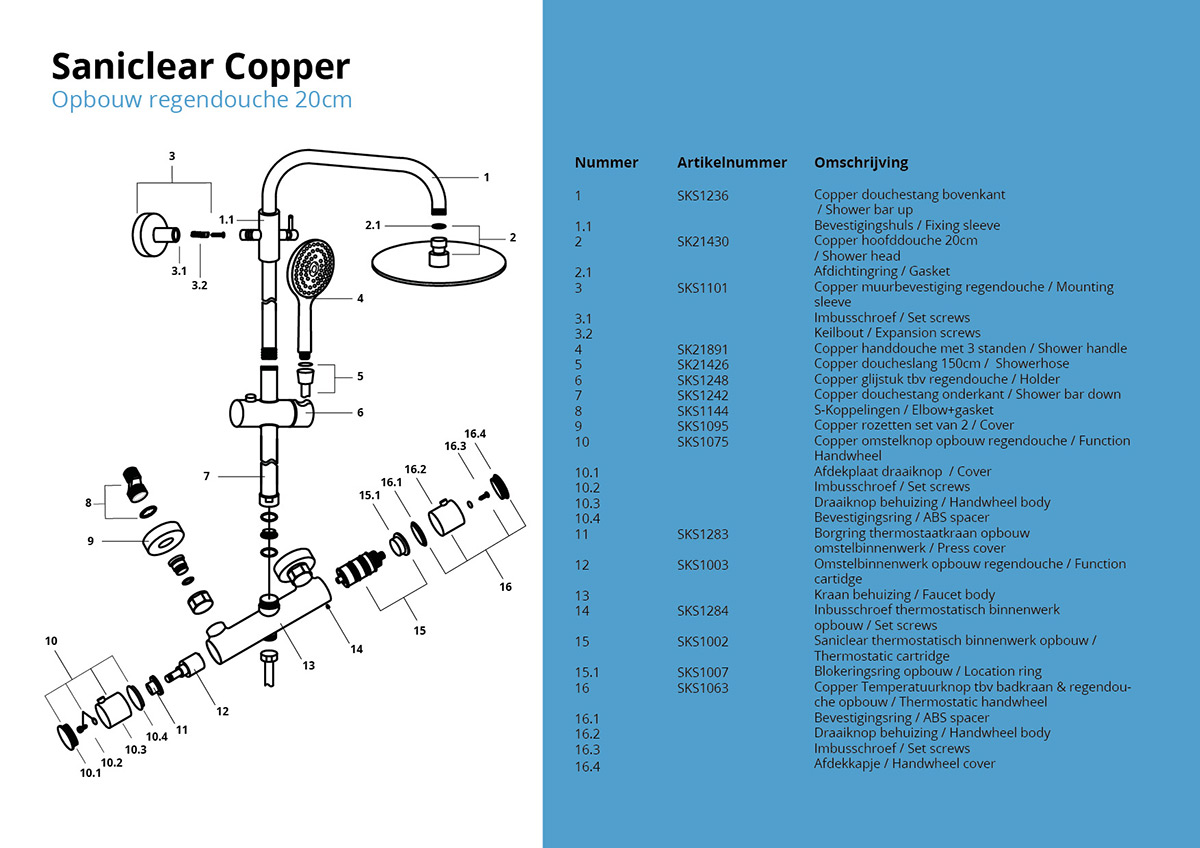 Saniclear Copper opbouw regendouche 20cm met thermostaatkraan en 3 standen handdouche koperkleurig