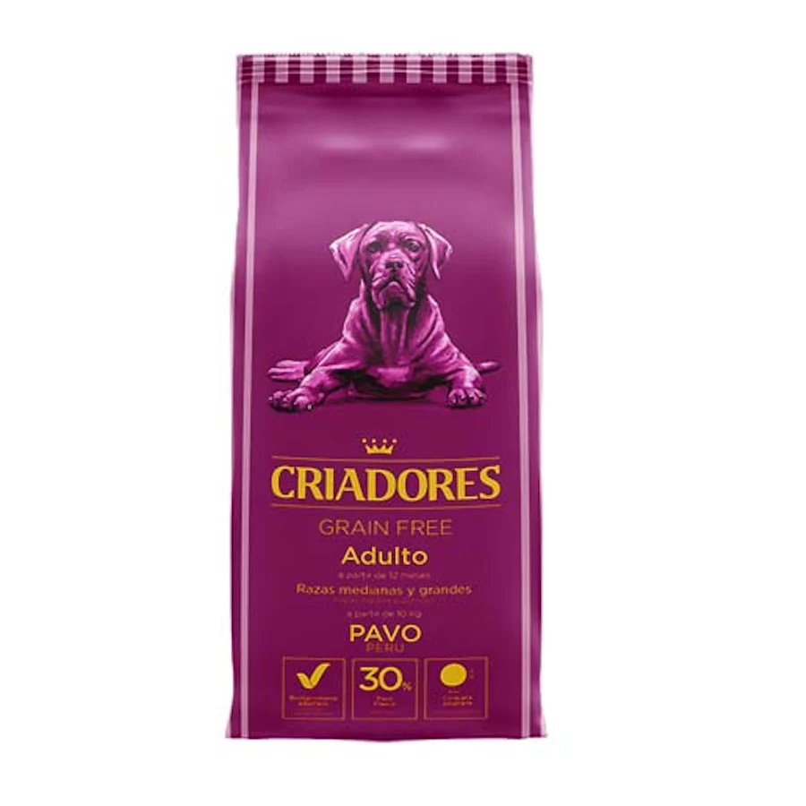 Ração para cães adultos Breeders, sem grãos, com peru, para raças médias e grandes.