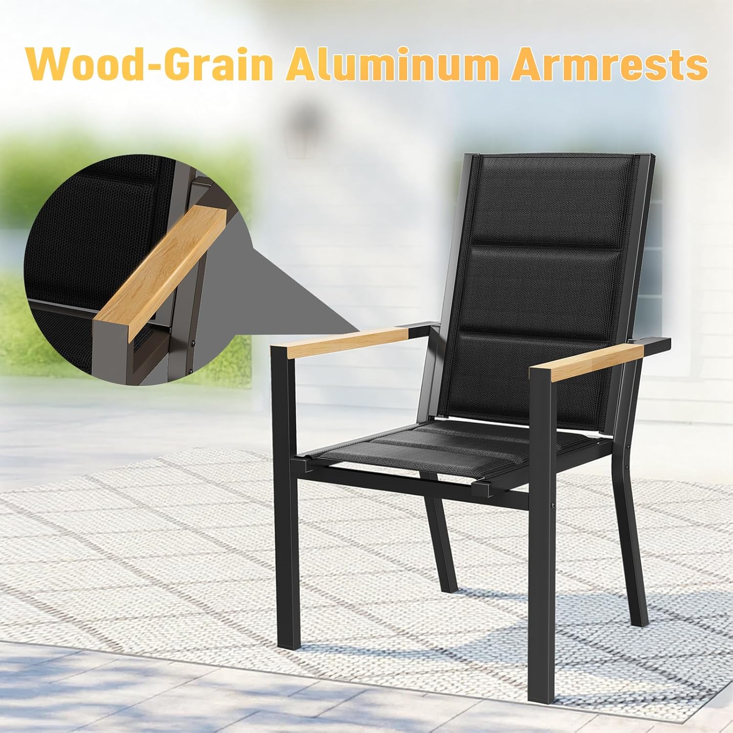 JUMMICO Gartenstuhl Stapelbar, Voll-Aluminium Gestell mit Komfortsitz, Stabiles Design & Holzoptik-Armlehnen für Terrasse, Garten und Poolbereich