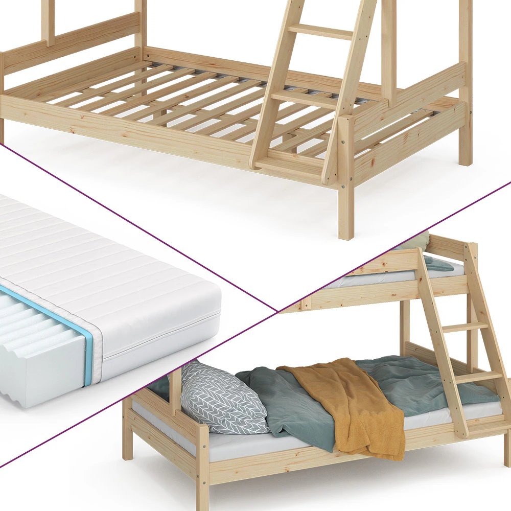 VitaliSpa Hochbett Kinderbett Spielbett Everest Natur modern 120x200 Massivholz Kinderzimmer Bett Lattenrost Bettleiter Kletterbett Doppelbett Geschwisterbett Matratze