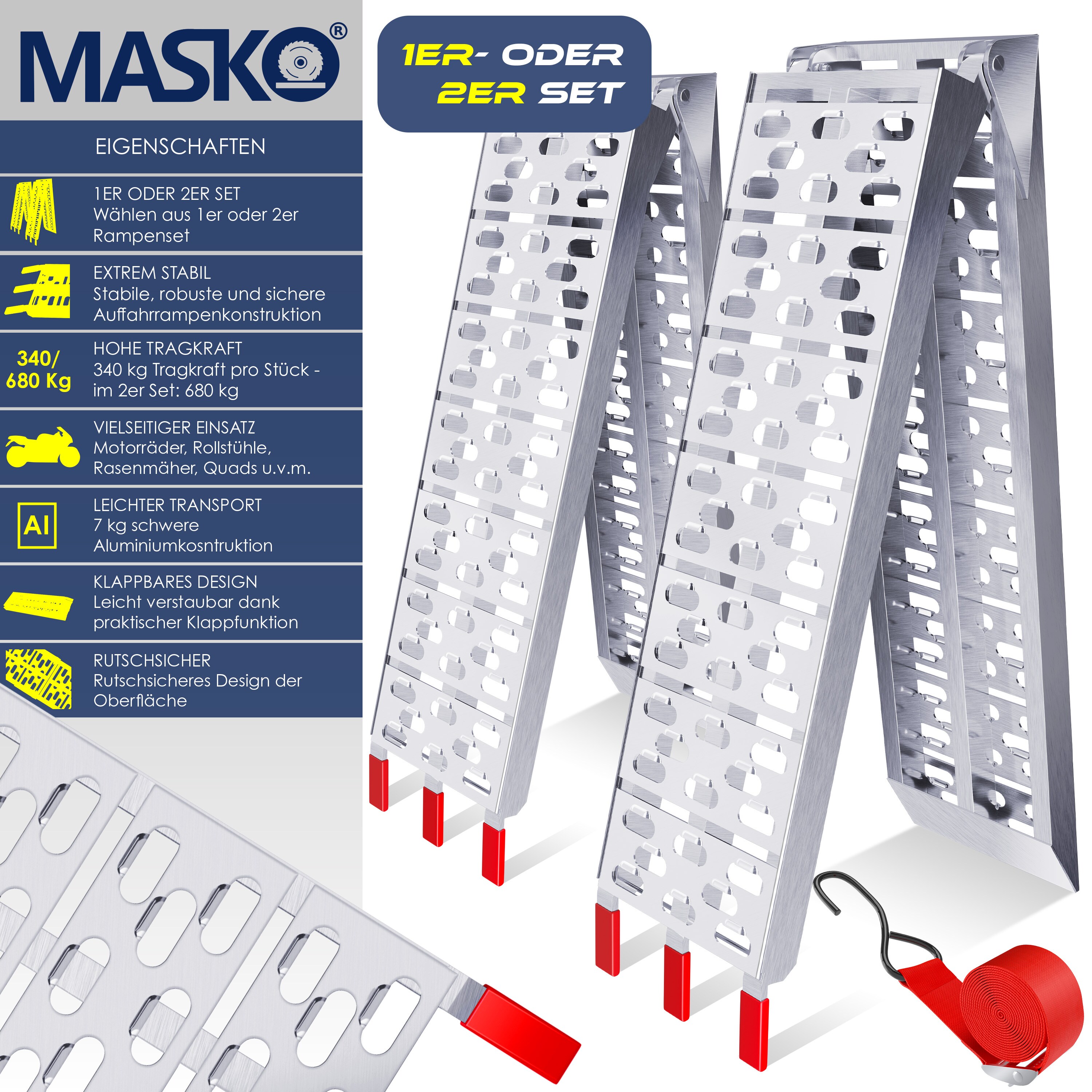 Masko® ALU Auffahrrampe Verladerampe Verladerampe Verladeschiene Antirutsch Klappbar