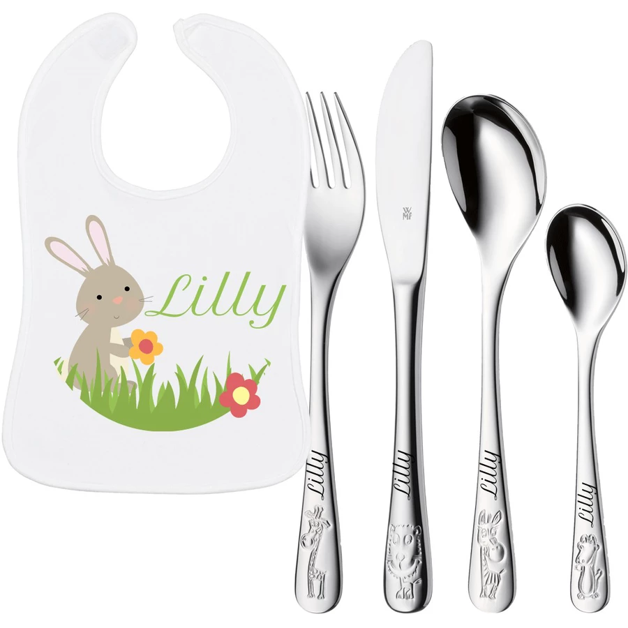 Schnullireich Geschenkset mit Namen Safari: WMF Kinderbesteck + Baby Lätzchen Hase Silber