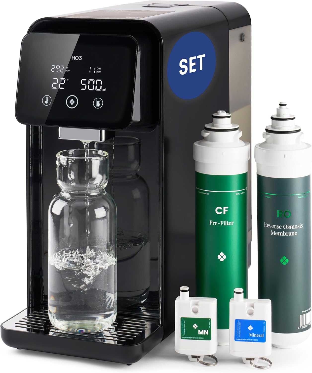 HO3 Home One Auftisch Osmoseanlage für Trinkwasser mit 4 Temperaturstufen (RT, 50, 85, 95°C), 10 Stufen Wasserausgabe, mit Echtzeit TDS, 8 Stufen Filtration und Luma-UV, Wasserfilter (Schwarz)