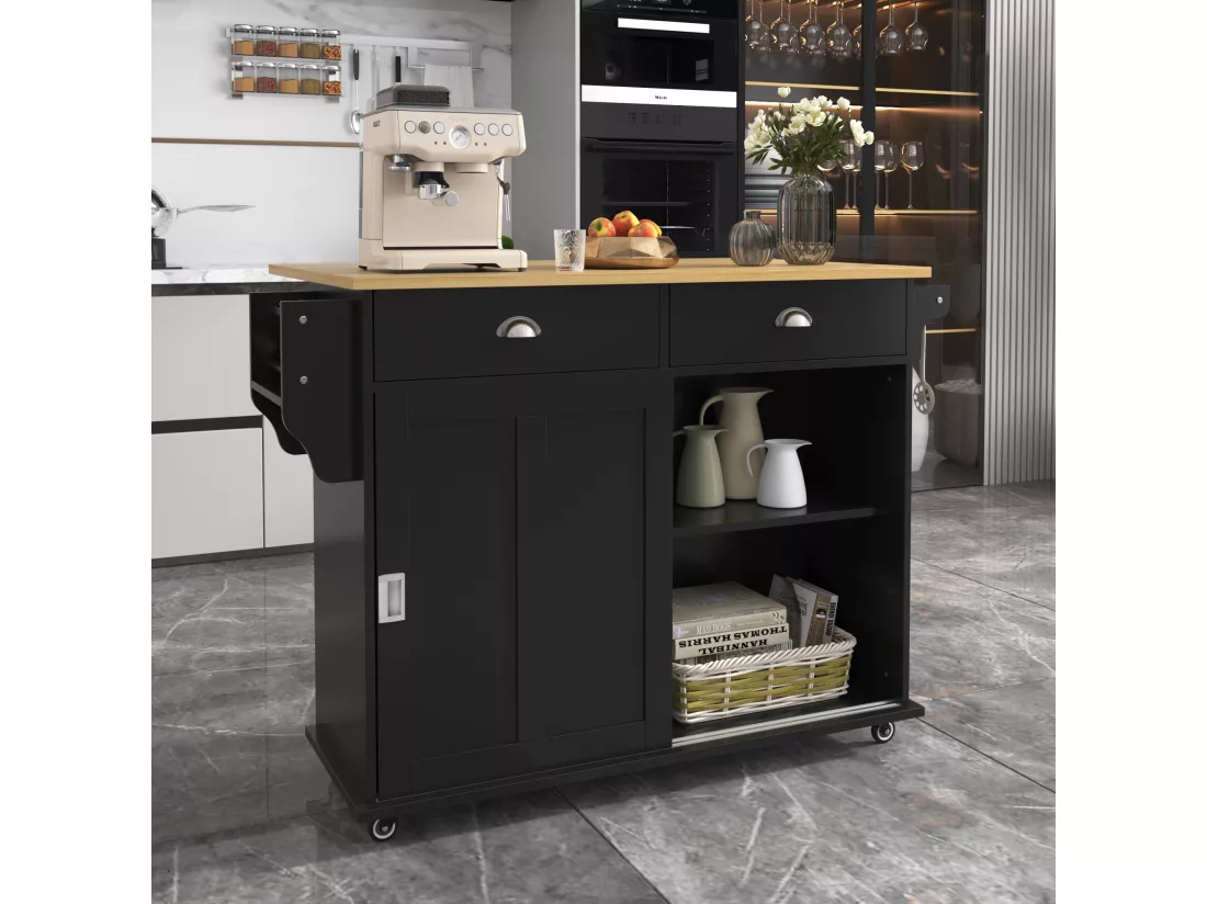 Ilot central de cuisine mobile avec 2 portes coulissantes - plateau extensible - 112x40(70)x94 cm - Bois MDF + métal - Noir et bois