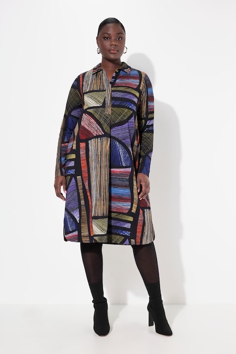 Punto-Kleid, Hemdkragen, V-Ausschnitt, Langarm, Taschen
