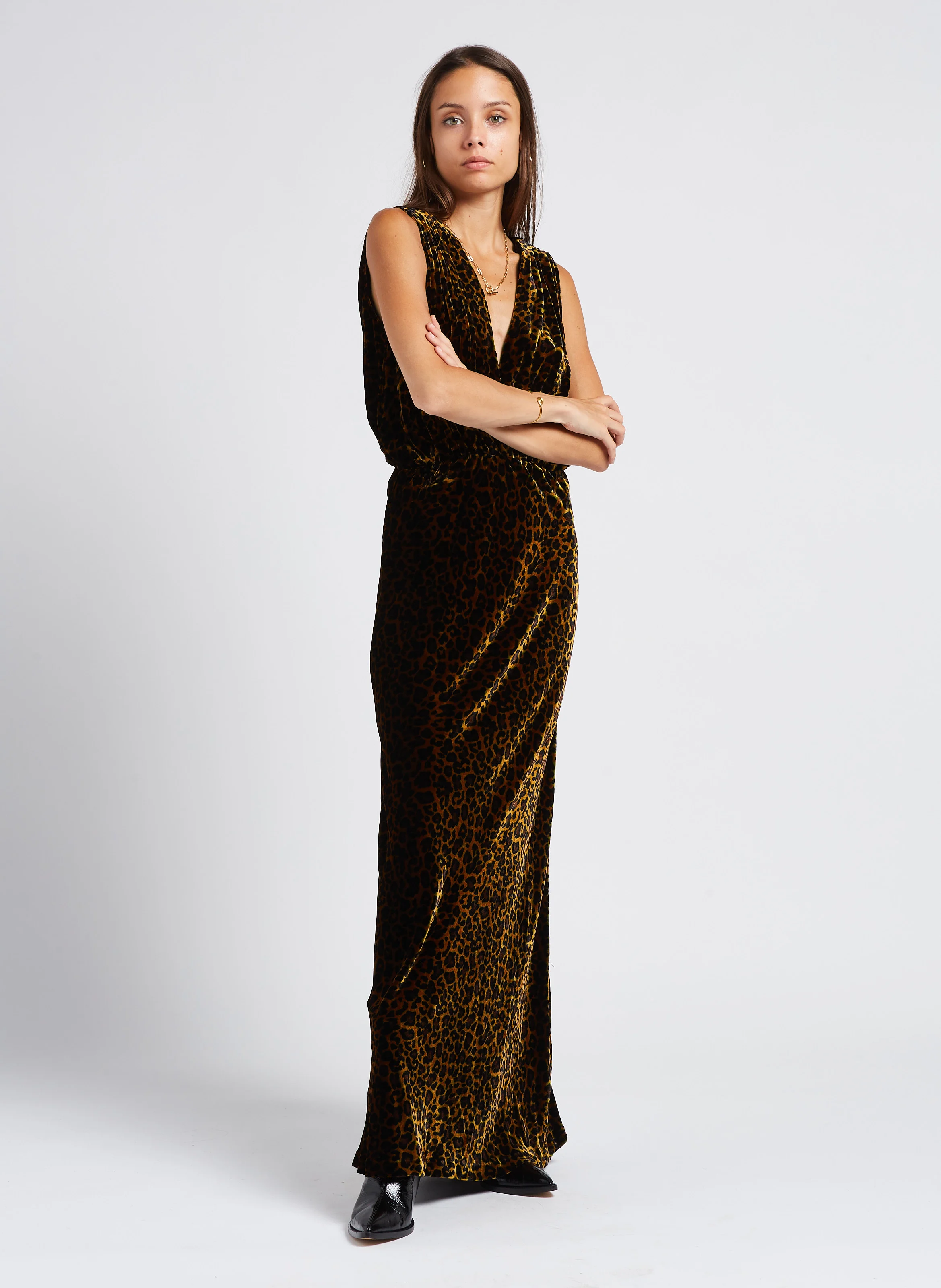 TRAVIS - Robe longue imprimé leopard aspect en velours | Multicolore