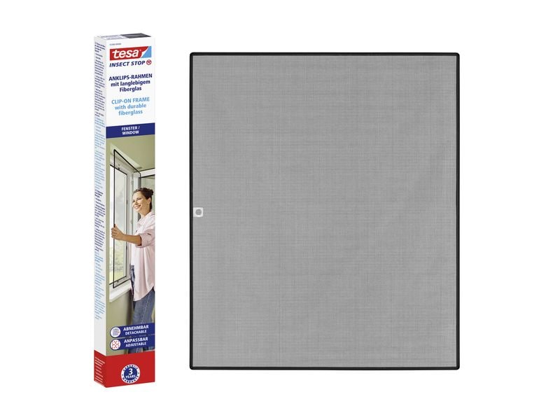 tesa Fliegengitter CLIP-ON Rahmen für Fenster 140 x 120 cm Insektenschutz zum Einklicken am Fenster – Rahmen zuschneidbar – einache Montage – anthrazit