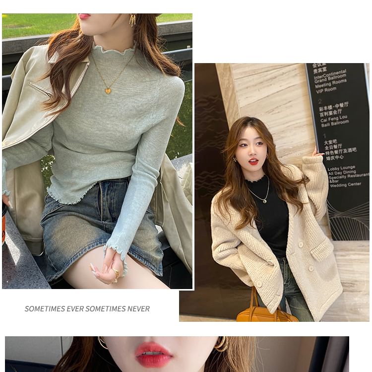 Gwendolyn - Mock Neck Plain Lettuce Edge Trui