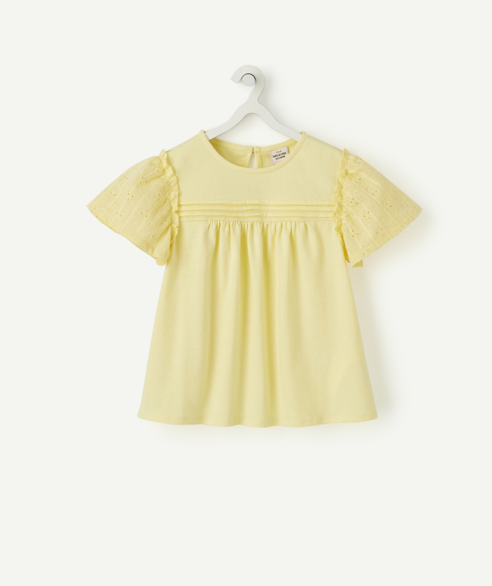 T-SHIRT FILLE EN COTON JAUNE AVEC BRODERIE ANGLAISE