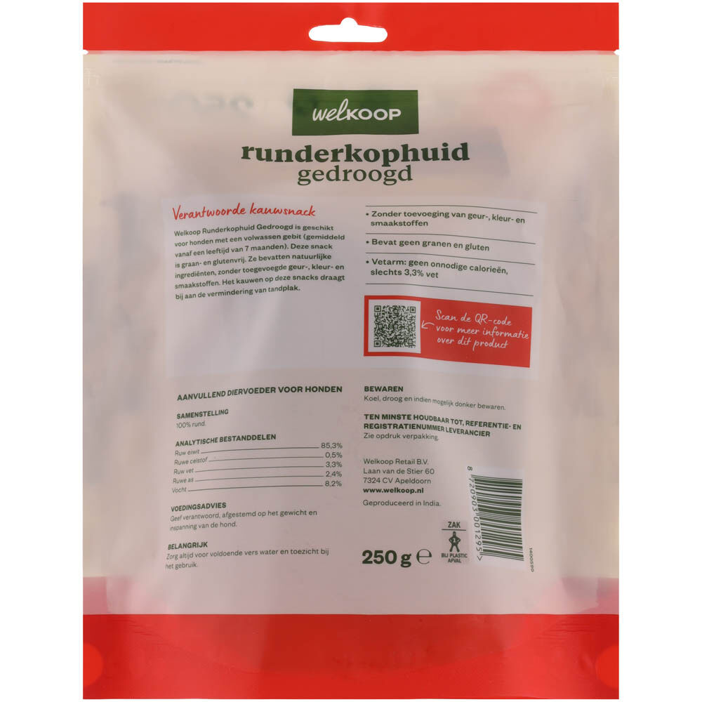 Welkoop - Runderkophuid Gedroogd - 250 Gram - rund