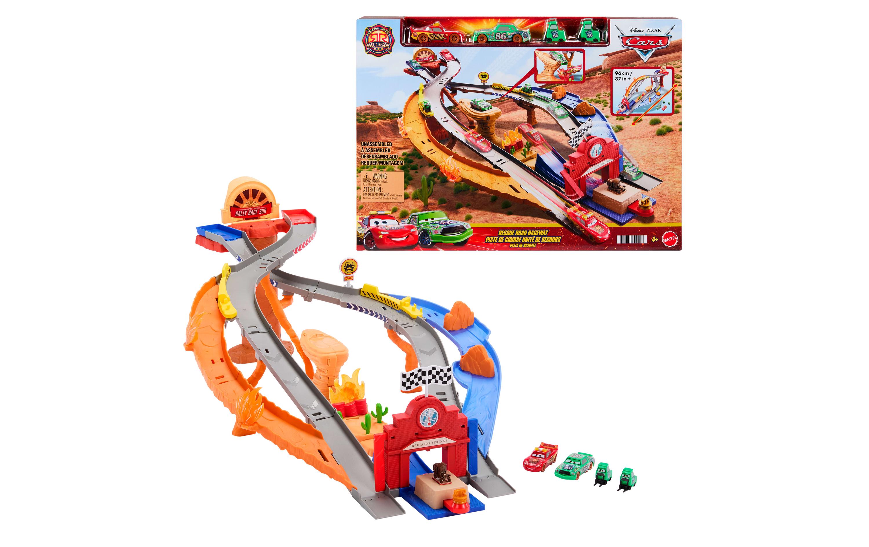 Disney Cars Radiator Springs Race & RescueRettungsweg-Rennstrecke Spielset mit 4 Spielzeugautos