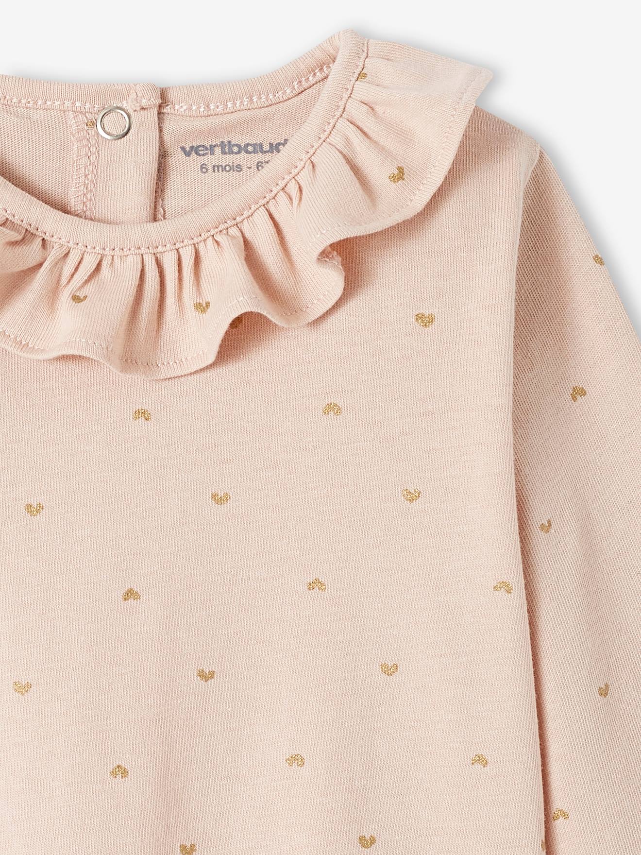Camiseta personalizável com gola franzida para bebê menina, rosa claro.