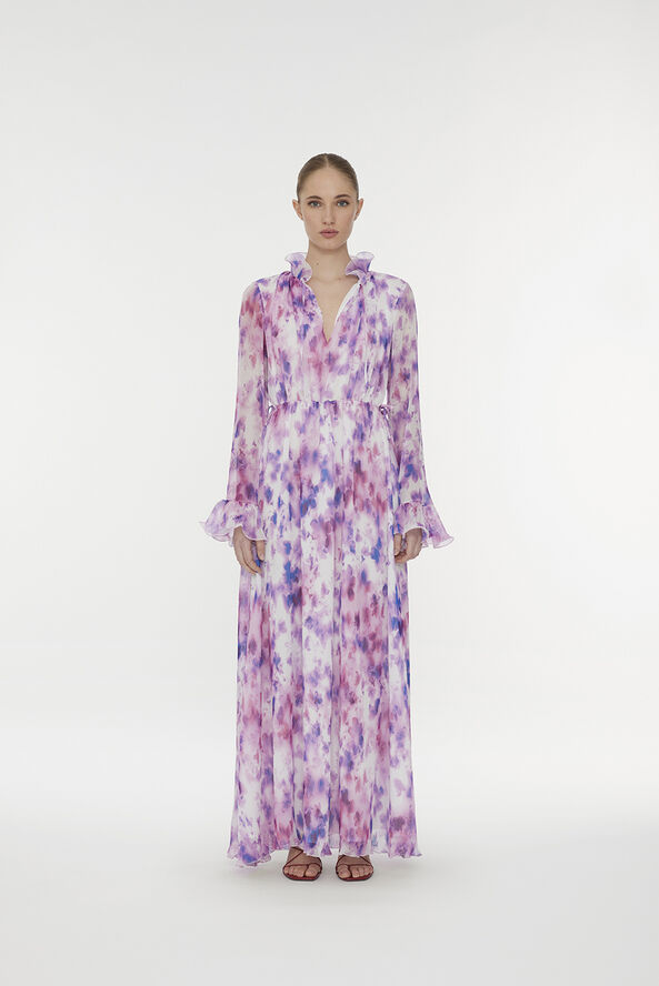 ROTATE Birger Christensen Chiffon Maxi Flowy Dress Optic buttercup   peach blossom comb.