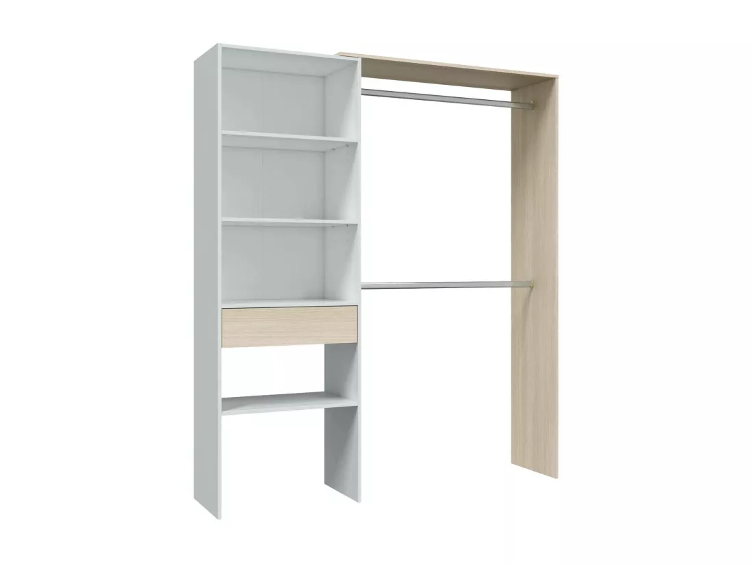 Armoire ouverte, Dressing, avec 5 étagères ouvertes, 1 tiroir et deux cintres, Couleur Blanc et Chêne, 158 x 187 x 40 cm