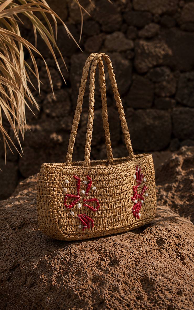Naturel Sac À Bandoulière En Raphia Avec Détail Corail