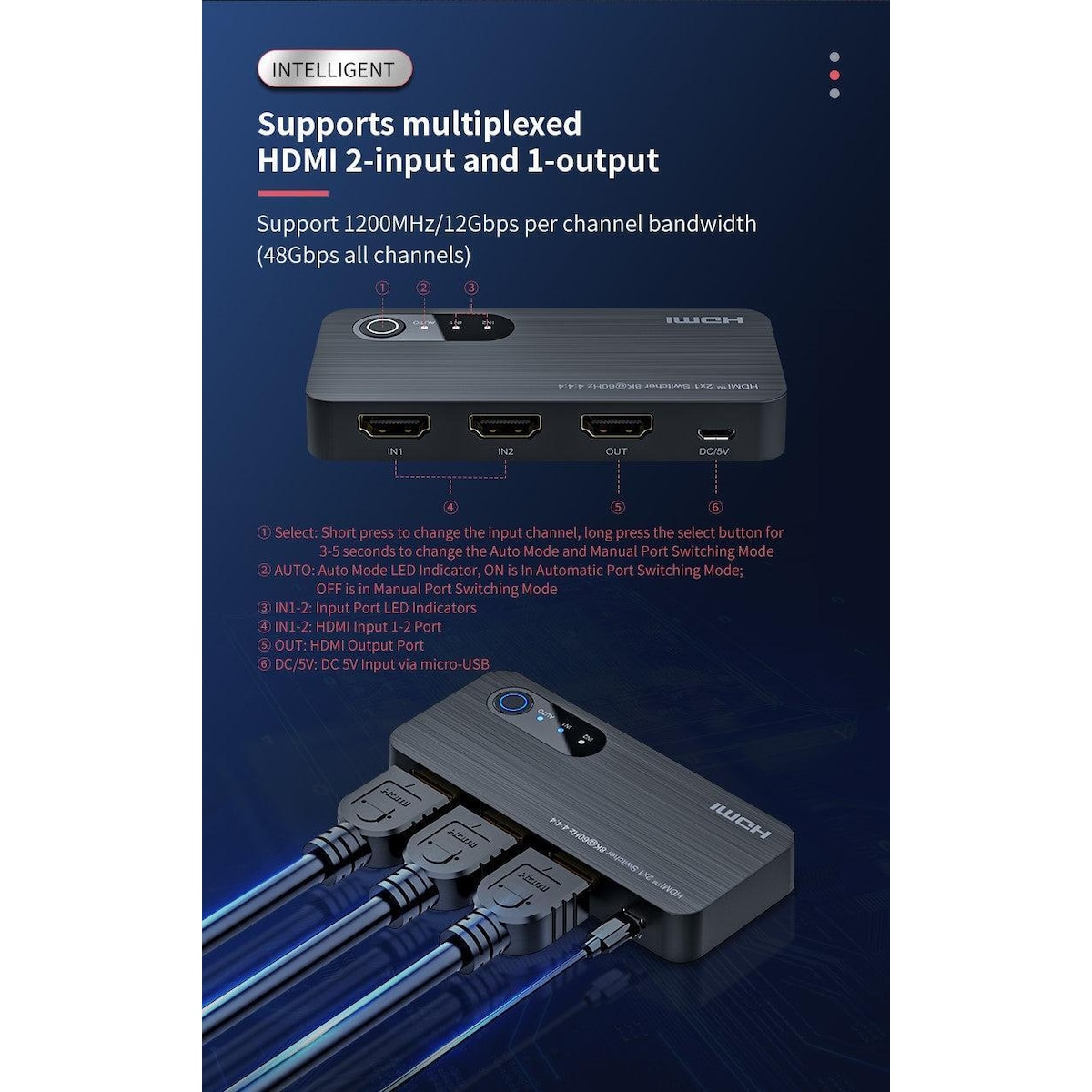 NÖRDIC HDMI-svitsj 2 til 1 8K60Hz 4K120Hz 48Gbps HDR HDCP2.3 Surround 7.1 CEC