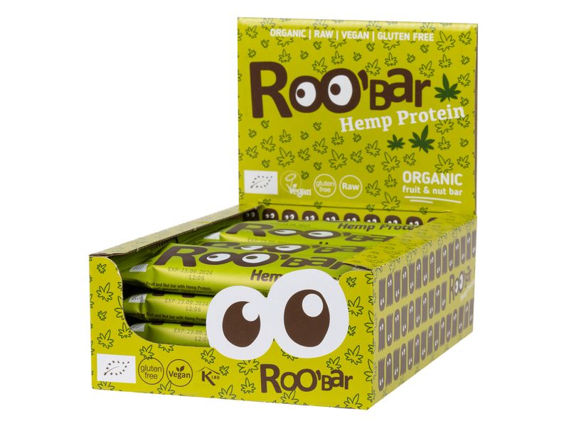 Roobar Rohkostriegel Hanf Protein 16 x 50 g Bio-Riegel auf Basis von Datteln und Mandeln