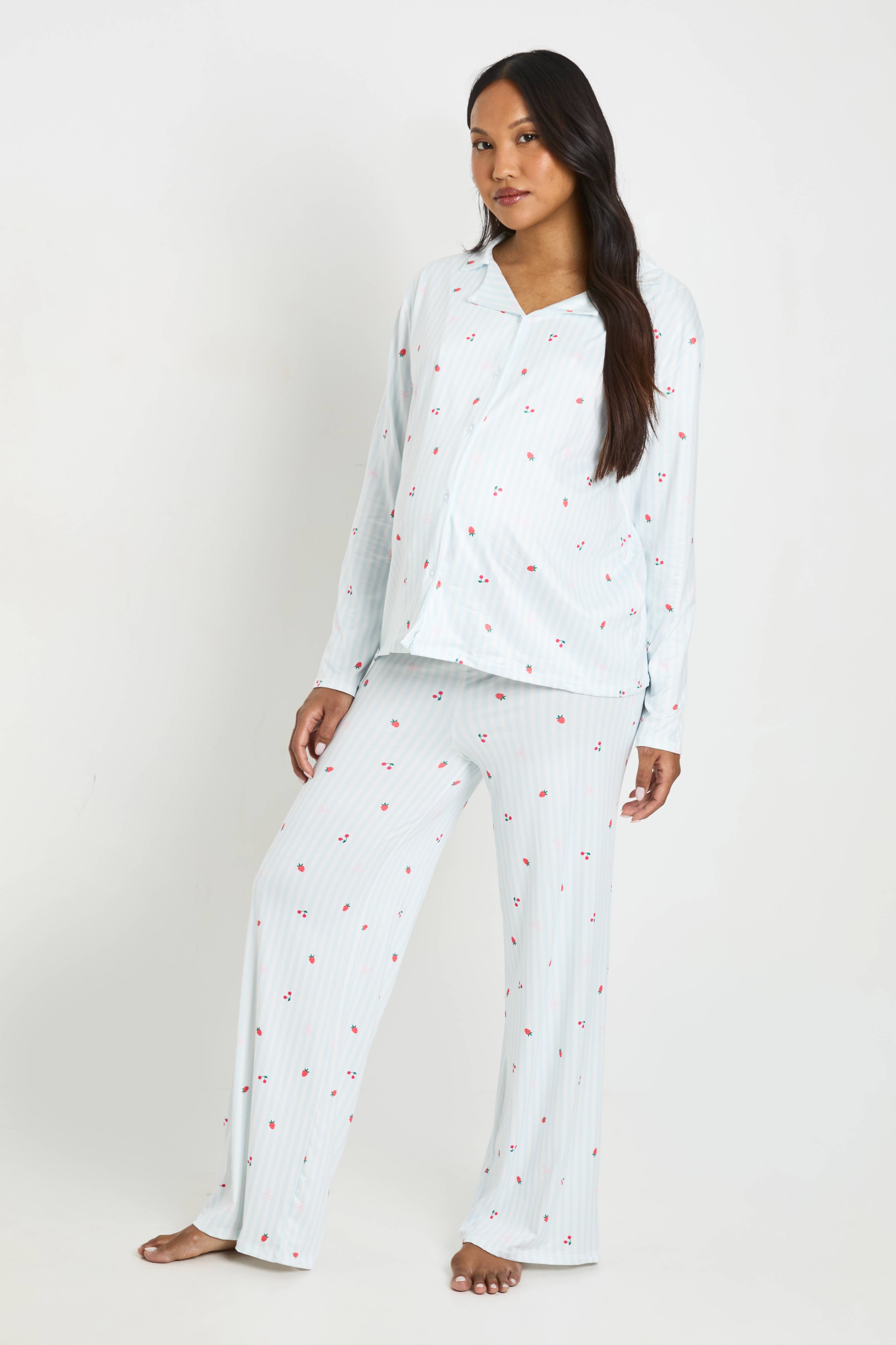 boohoo Ensemble Pyjama De Maternité À Manches Longues Chemise Et Pantalon À Rayures Et Imprimé Fruits