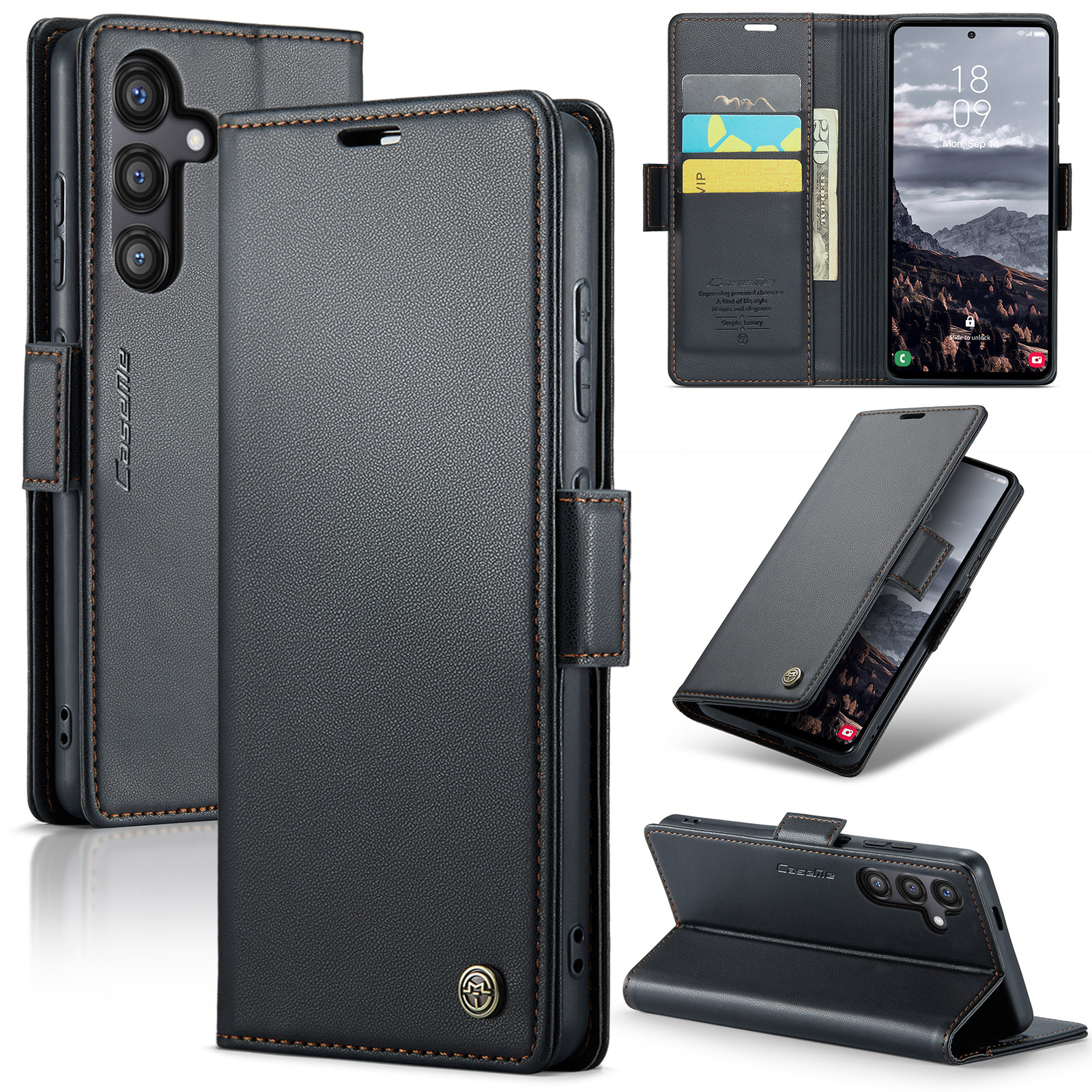 Samsung Galaxy S24 FE Leder Tasche Flip Wallet Etui mit Kartenfächern Litchi Look (RFID Schutz) - Schwarz