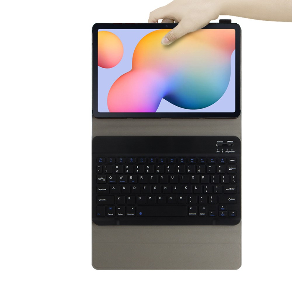 Samsung Galaxy Tab S8 / Tab S7 Leder Tasche mit Bluetooth Tastatur (QWERTY)   Touch Pen Halterung Litchi Look - Schwarz