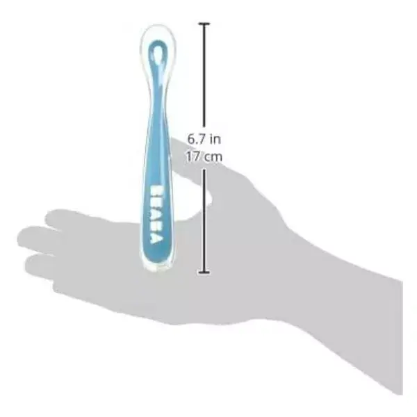 Colher de silicone macio Béaba para a primeira refeição, azul