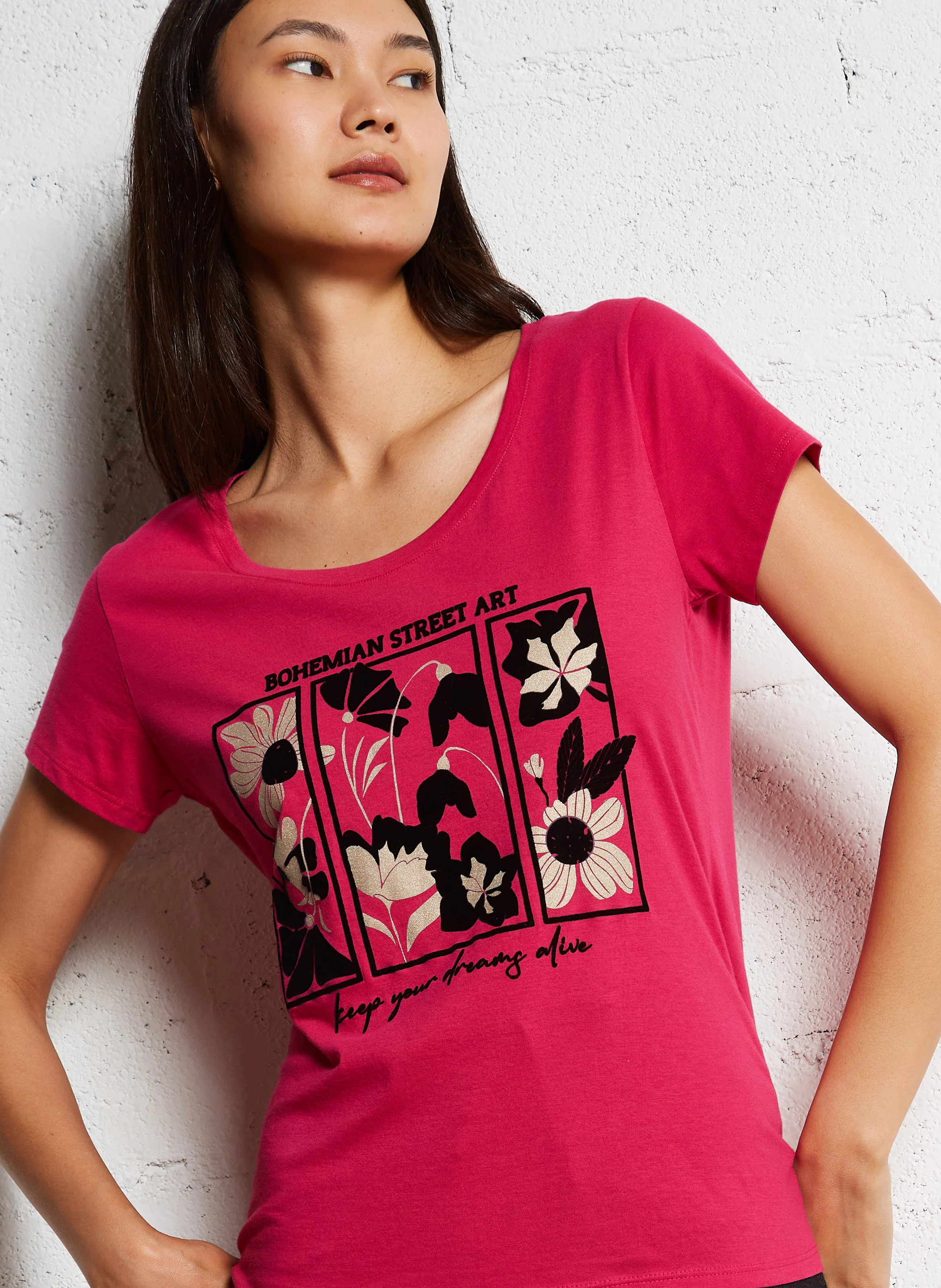 Tee-shirt manches longues droit en coton| Rose