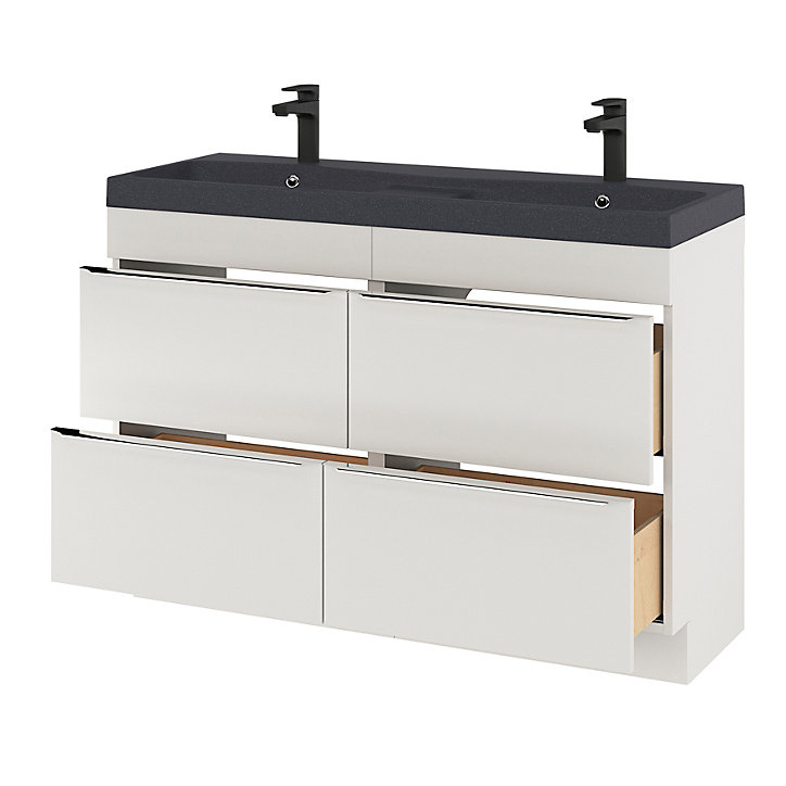 Ensemble salle de bains l.120 cm meuble à poser Imandra blanc brillant + plan double vasque résine noir