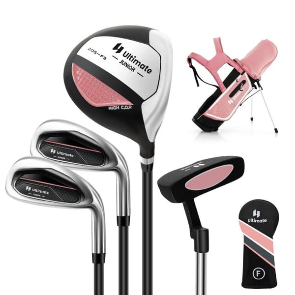 4-delt barnegolfkøllesett med golfbag og regntrekk for barn i alderen 5-7 år, rosa