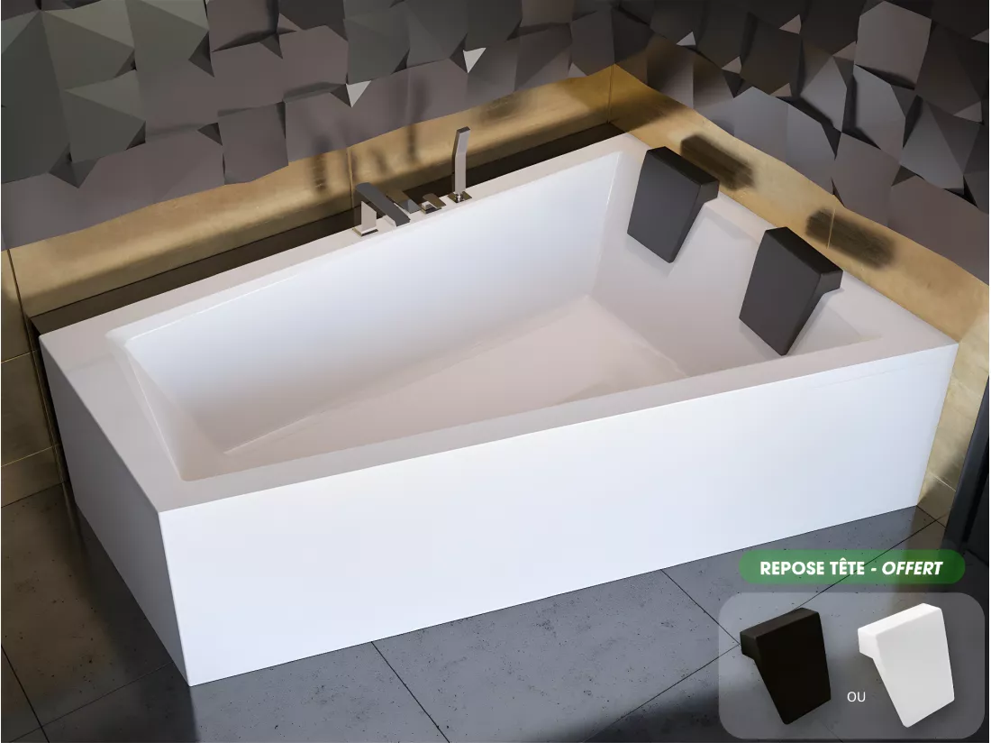 Baignoire asymétrique + tablier blanc + repose tête - INTIMA DUO - 180 cm x 125 cm - Droite