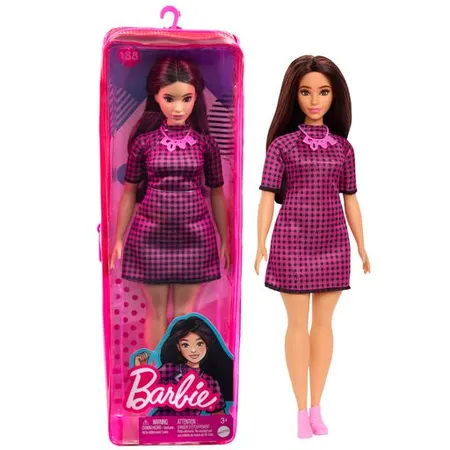 Barbie Fashionistas Puppe im pink-schwarz-karierten Kleid, kurvig, „Love“ Halskette, für Kinder ab 3 Jahren