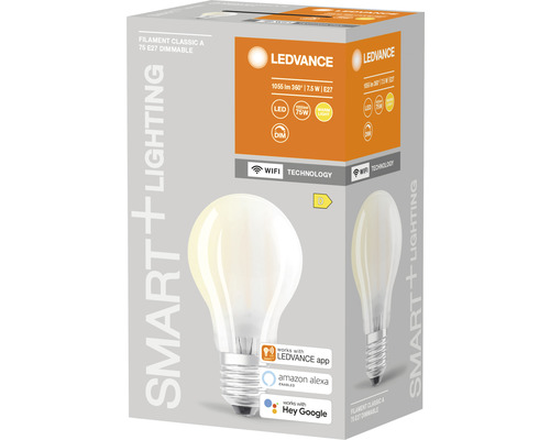 Ledvance Smart WIFI Filament Classic LED-lamp, dimbaar, A75 E27/7,5W (75W), mat, 1055 lm, 2700 K, warm wit