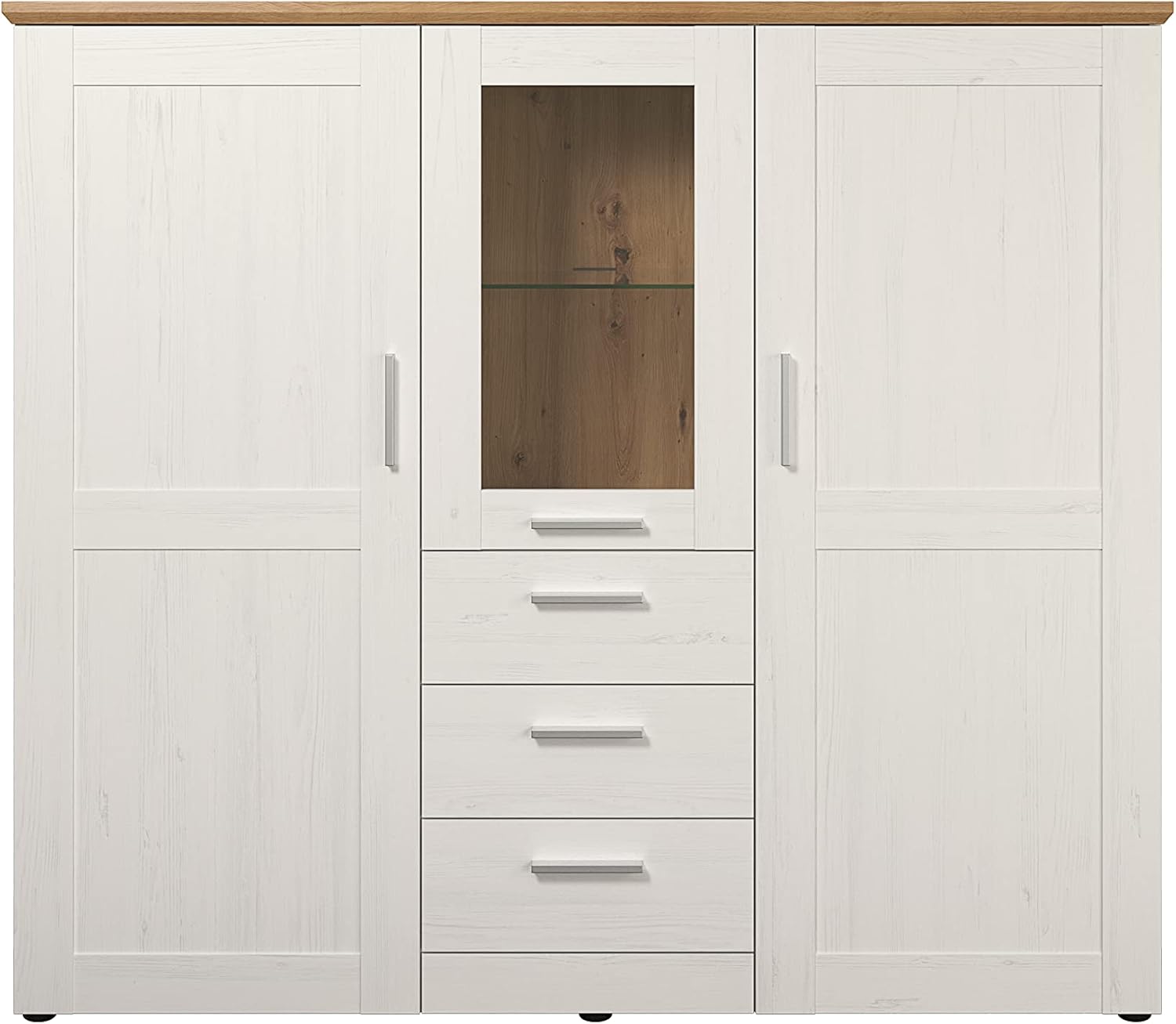 trendteam smart living - Shade - Schrank - Weiß/Eiche - Highboard mit 3 Türen, 3 Schubladen, 2 Kleiderböden, 4 Einlegeböden und 1 Glasboden - (BxHxT) 159 x 140 x 41 cm - silberfarbene Griffe