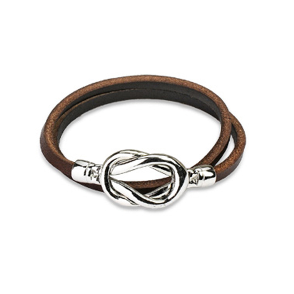 (20cm) Zweireihiges Echtleder Armband Accessoire mit Edelstahl Knoten - Braun