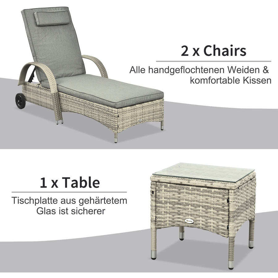 Outsunny Rattan Sonnenliegen mit Tisch grau