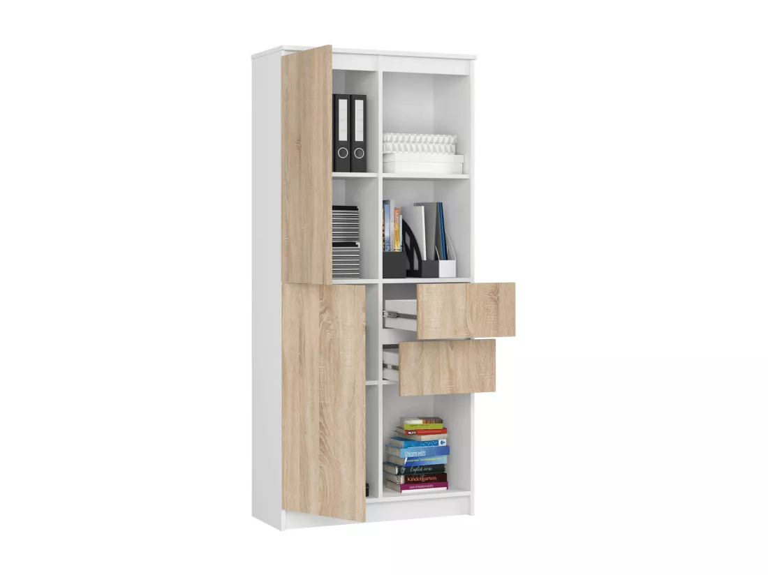Bibliothèque de bureau AKORD R15 Blanche 80 cm 1 porte 2 tiroirs façade Chêne Sonoma mat 7 étagères 80x35x180 cm